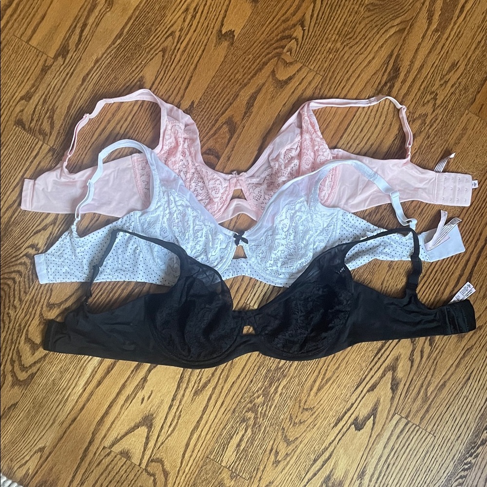 Victoria’s Secret 3 Bra Lot - Unlined Demi / 38DDD / Soft Pink / Black / White